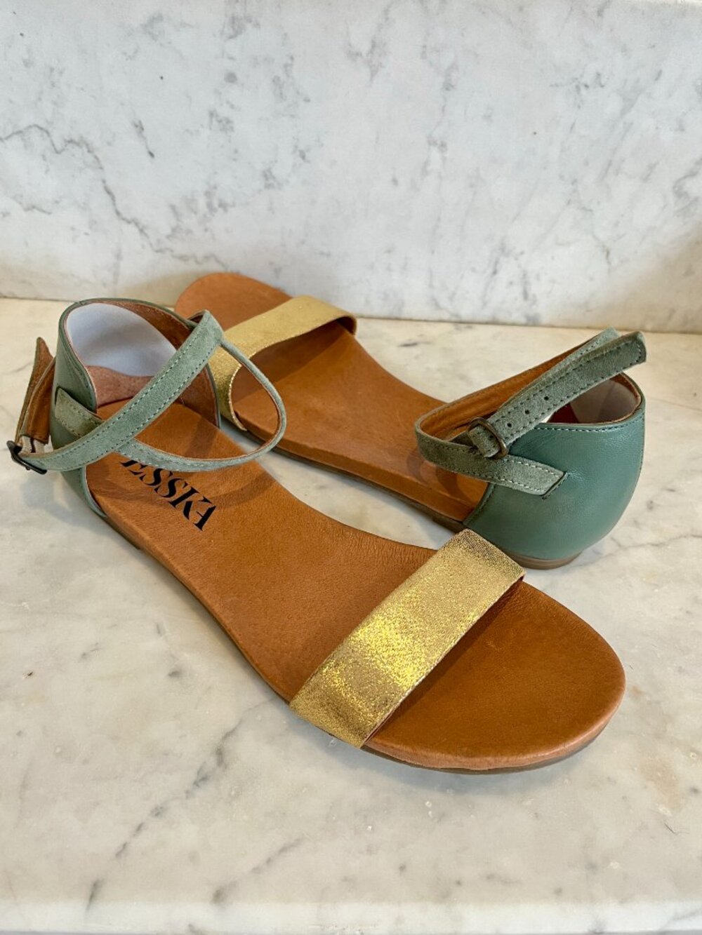 Esska India Leather Flat Sandals, Gold & Green, EU 39